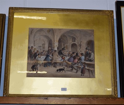 Lot 1242 - Carl Goebel (1824-1899) Austrian, a tavern scene with figures, musicians and children merry making
