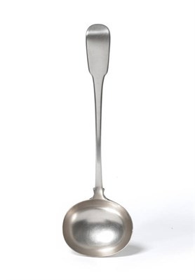 Lot 313 - A George III Colonial Silver Soup Ladle, Lawrence Twentyman, Cape, circa 1820, fiddle pattern, 33cm