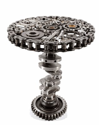 Lot 1371 - a Steampunk Industrial metal tripod table, constructed using various industrial sprockets,...