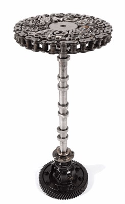 Lot 1373 - a Steampunk Industrial metal tripod table, constructed using various industrial sprockets,...