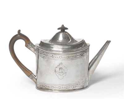 Lot 318 - A George III Teapot, Peter & Ann Bateman, London 1796, oval with wood scroll handle and domed cover