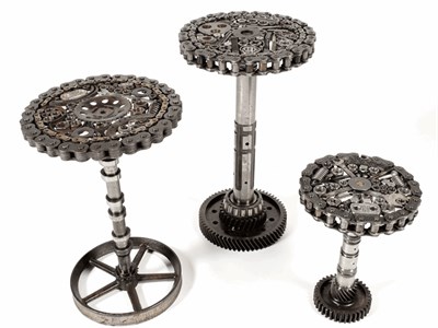 Lot 1374 - A graduated set of three Steampunk Industrial metal tripod tables, each constructed using...