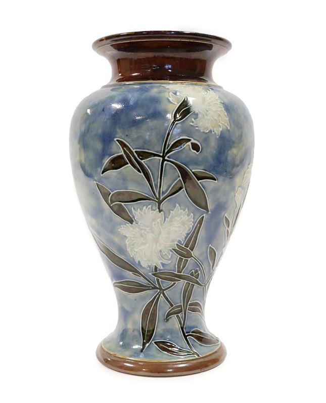 Lot 2003 - A Royal Doulton Stoneware Baluster Vase, tubelined with white carnations and verse Time is ever...