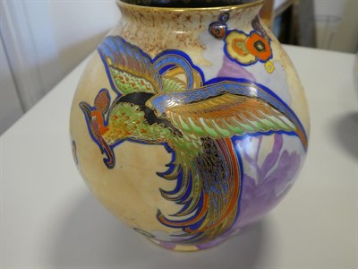 Lot 2034 - A Pair of Art Deco Carlton Ware Chinese Bird Pattern Ovoid Vases, enamelled in colours on a...
