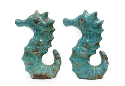 Lot 2041 - A Pair of 20th Century Pottery Seahorses, turquoise crackle glaze, unmarked, 36cm high