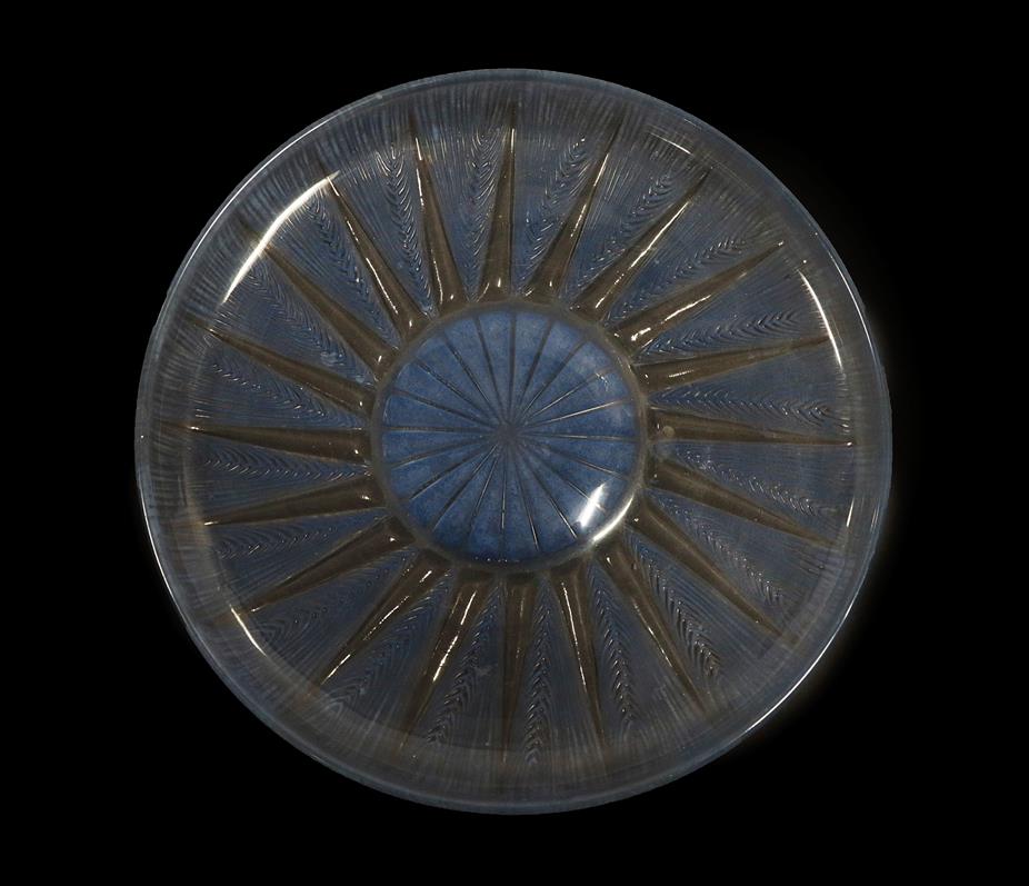 Lot 2044 - René Lalique (French, 1860-1945): A Clear and Blue Stained Glass Epis No.2 Dish Plate, moulded...