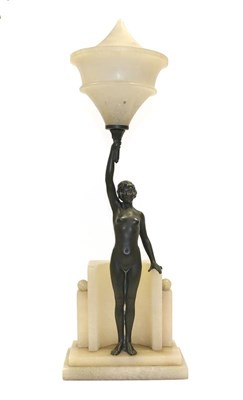 Lot 2053 - An Art Deco Spelter Figural Table Lamp, modelled as a nude young woman with right arm...