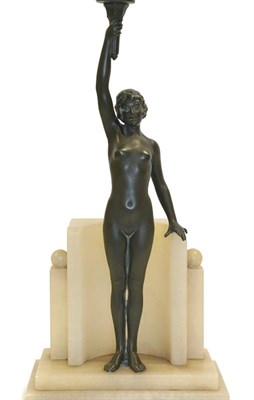 Lot 2053 - An Art Deco Spelter Figural Table Lamp, modelled as a nude young woman with right arm...