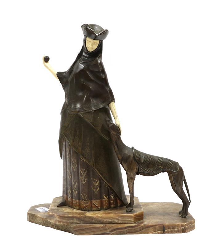 Lot 2054 - Andre Gilbert (French, 20th Century): Lady Venitian with Greyhound: A Patinated Bronze and...