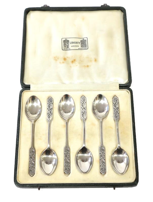 Lot 2071 - A Set of Six Art Deco Liberty & Co, Silver Teaspoons, each with stylised terminals, maker's...