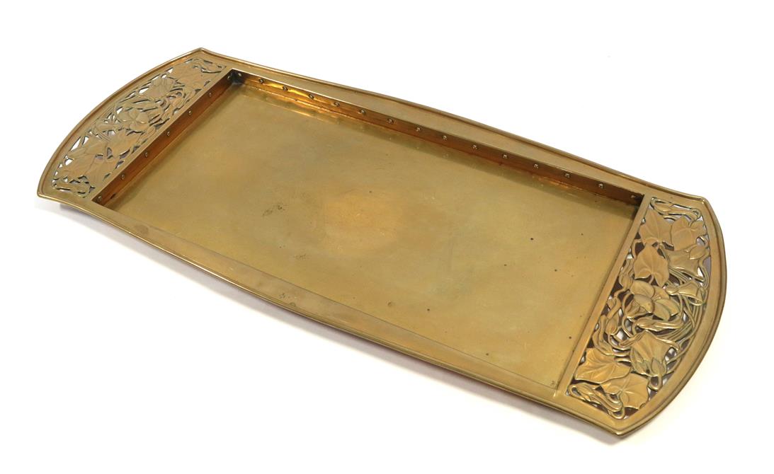 Lot 2076 - A Keswick School of Industrial Arts Brass Rectangular Tray, with pierced repousse ivy, stamped...