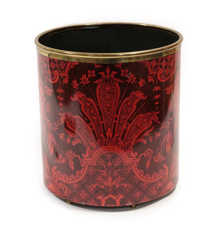 Lot 2083 - A Fornasetti Enamelled Tin Waste Paper Basket, with repeating classical foliate design in red,...