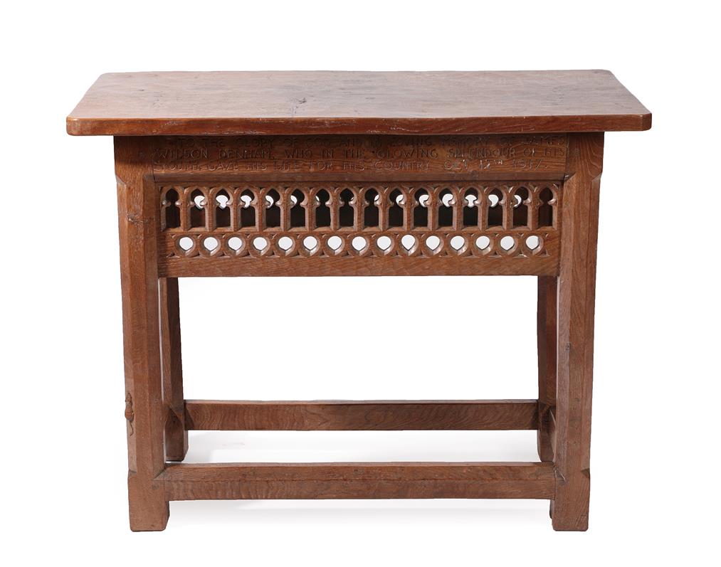 Lot 2088 - Robert Mouseman Thompson (1876-1955): An English Oak Communion Table, the dowelled two plank...