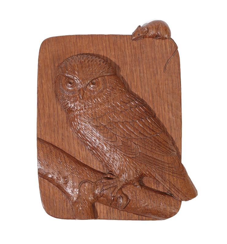 Lot 2096 - Workshop of Robert Mouseman Thompson (Kilburn): An English Oak Owl Plaque, with an owl perched on a