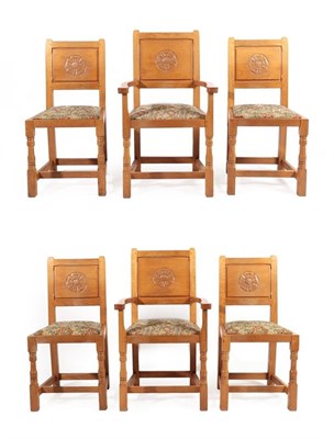 Lot 2179 - Cat and Mouseman: Lyndon Hammell (Harmby): A Set of Six (4+2) English Oak Panel Back Dining Chairs
