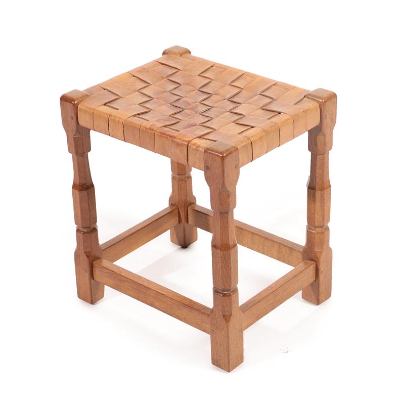 Lot 2195 - A Sid Pollard of Thirsk English Oak Stool, with leather lattice seat, on four octagonal legs joined