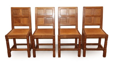 Lot 2199 - A Set of Four Sid Pollard of Thirsk English Oak Panel Back Dining Chairs, leather seats, on...