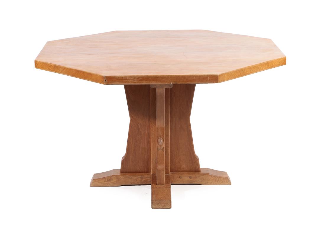 Lot 2201 - Rabbitman: A Peter Heap (Wetwang) English Oak 4' 4'' Octagonal Dining Table, with dowelled top on a
