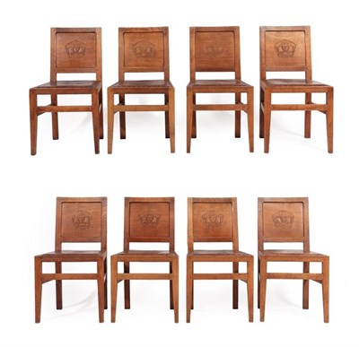 Lot 2203 - Squirrelman: A Set of Eight English Oak Panel Back Dining Chairs, the panels each with a carved...