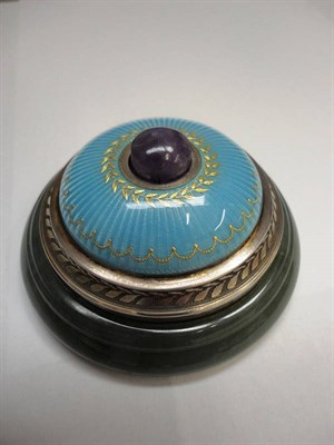 Lot 342 - A Faberge Silver, Enamel and Nephrite Bell Push, St Petersburg, 1908-1917, work master's mark...