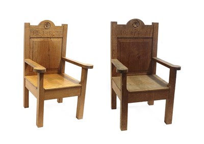 Lot 2210 - A Pair of Yorkshire School English Oak Child's Armchairs, with panel backs and solid seats, on...