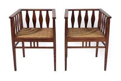 Lot 2213 - A Pair of Arts & Crafts Oak Tub Chairs, with reeded top rail above oval splats, drop-in rope...