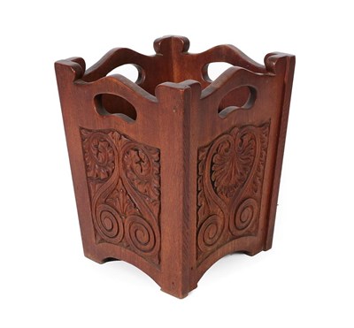 Lot 2215 - An Arts & Crafts Carved Oak Waste Paper Bin, each side carved with scrolls and florets,...