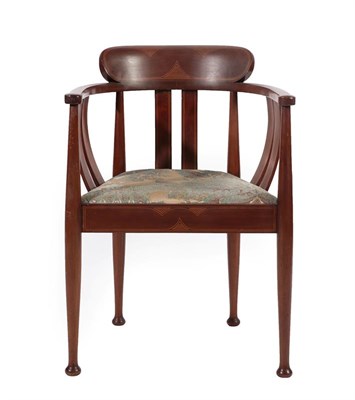 Lot 2226 - An Art Deco Mahogany Tub Chair, with stringing, curved arms above shaped slats, drop-in seat,...