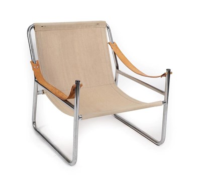 Lot 2232 - A Mid Century Sling Armchair, with slung canvas seat and back, tan cow hide slung arms, on a chrome