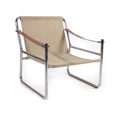 Lot 2233 - A Mid Century Sling Armchair, with slung canvas seat and back, tan cow hide slung arms, on a chrome