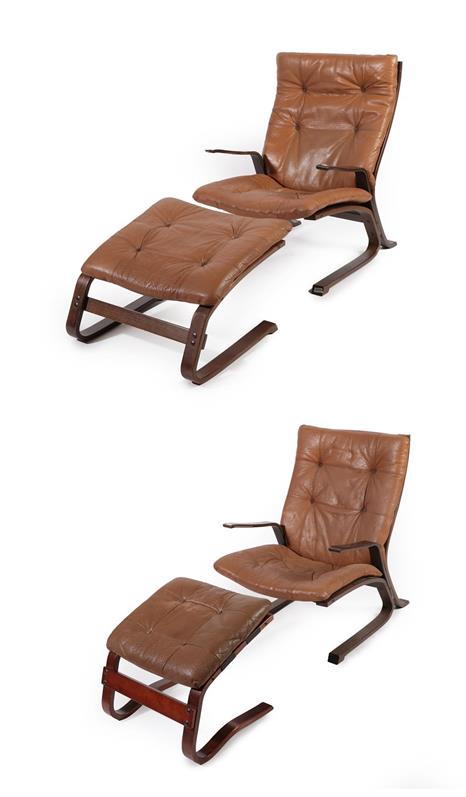 Lot 2241 - A Pair of Scandinavian Cantilever Lounge Chairs and Stools, brown buttoned upholstery and...