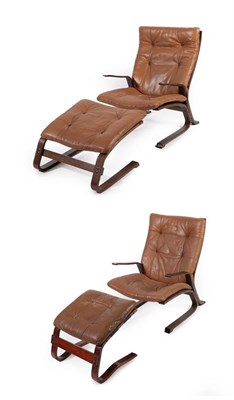 Lot 2241 - A Pair of Scandinavian Cantilever Lounge Chairs and Stools, brown buttoned upholstery and...