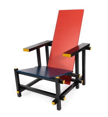 Lot 2249 - A Modern 635 Red and Blue Lounge Chair, designed by Gerrit Thomas Rietveld, the frame in yellow and
