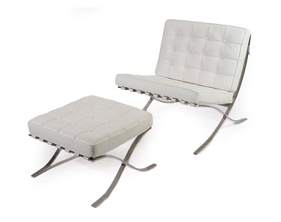 Lot 2252 - A Modern Barcelona Style Easy Chair and Ottoman, white leather padded cushions, on polished...