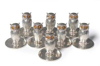 Lot 347 - A Set of Eight Edward VII Owl Menu Card Holders, Sampson Mordan & Co, Chester 1907, each...