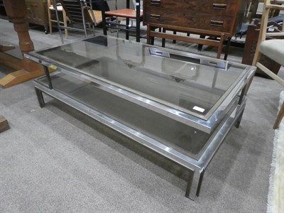Lot 2270 - A 1970's Italian Brass and Chrome Coffee Table, attributed to Romeo Rega, two smoked glass shelves