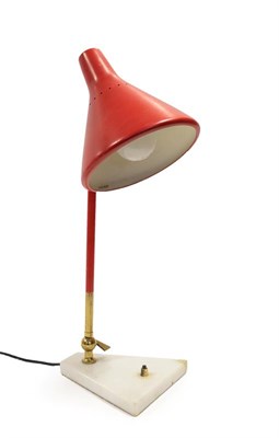 Lot 2272 - A 1960's Stilux Table Lamp, with a red shade on a lacquered brass and red adjustable arm, on a...