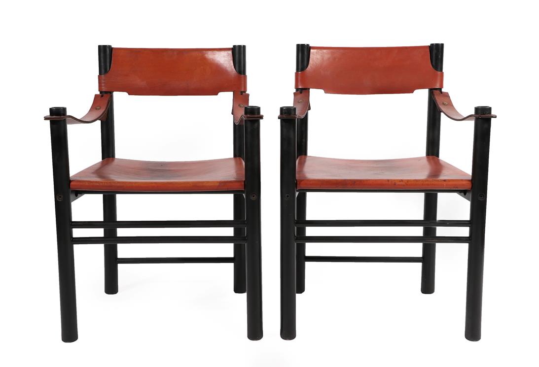 Lot 2273 - A Pair of 1970's Ibisco Italian Armchairs, black lacquered beech frames, cognac leather seat,...