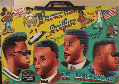 Lot 1100A - West African School (c.1980's) Naive Barber Shop Sign, oil on board. 55cm by 84cm