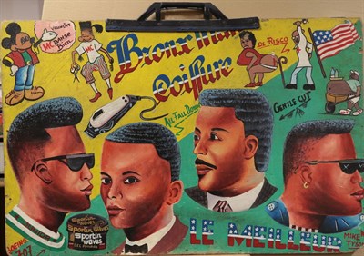 Lot 1100 - West African School (c.1980's) Naive Barber Shop Sign, oil on board. 55cm by 84cm