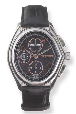 Lot 360 - A Stainless Steel Automatic Triple Calendar Chronograph Wristwatch with Moonphase and 24-Hour...