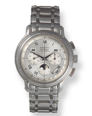 Lot 371 - A Stainless Steel Automatic Triple Calendar Chronograph Wristwatch with Moonphase, signed...