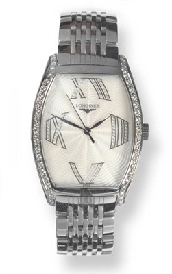 Lot 377 - A Stainless Steel Diamond Set Centre Seconds Wristwatch, signed Longines, model: Evidenza,...