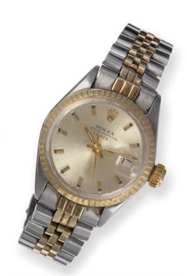 Lot 381 - A Lady's Stainless Steel and Gold Automatic Calendar Centre Seconds Wristwatch, signed Rolex,...