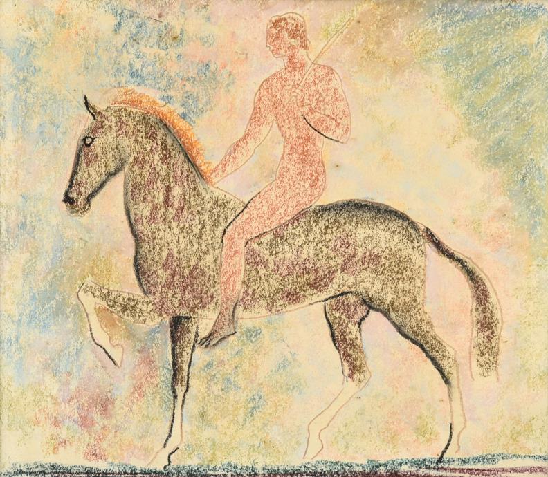 Lot 1028 - John Rattenbury Skeaping RA (1901-1980) Horse and rider  Pastel, 39cm by 33.5cm  Provenance: A gift