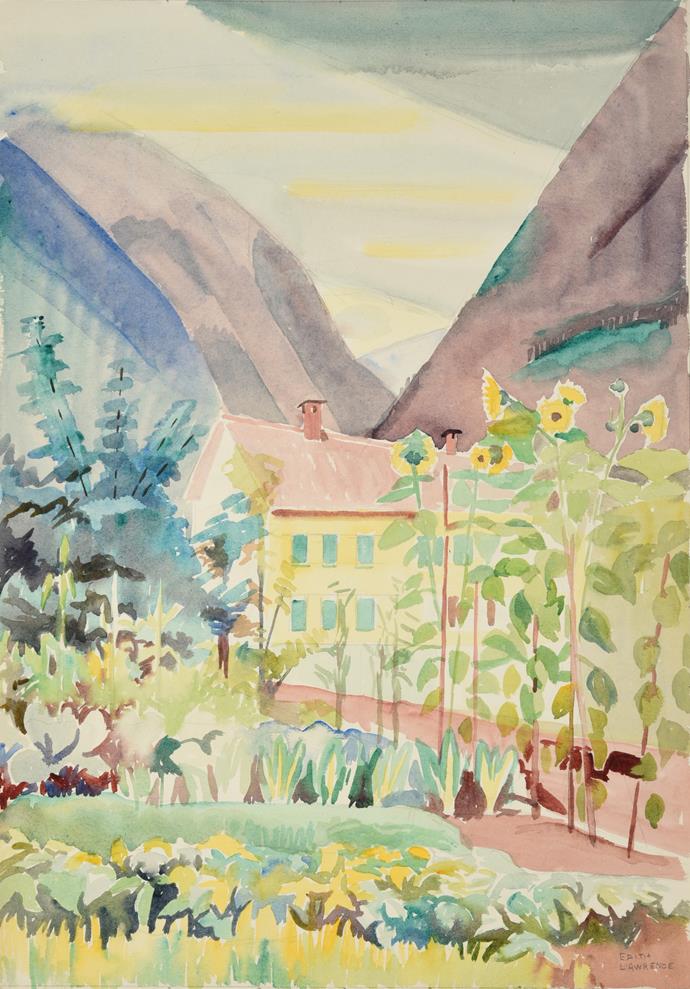 Lot 1034 - Edith Lawrence (1890-1973) ''Switzerland'' Signed, inscribed verso, watercolour, together with four