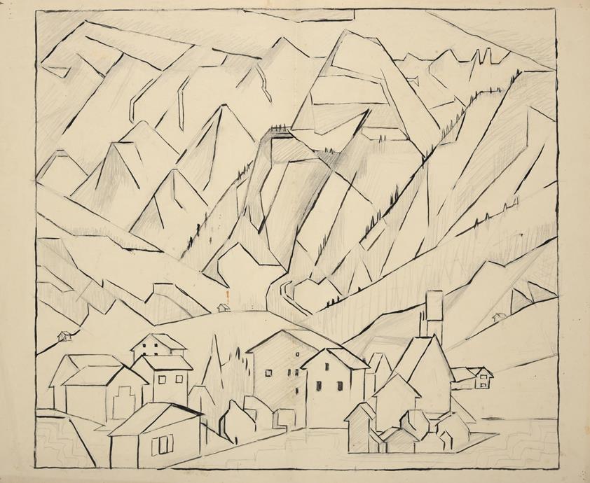 Lot 1035 - Edith Lawrence (1890-1973) Swiss town Pen, ink and pencil, together with two further mixed...