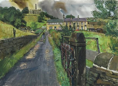 Lot 1037 - Trevor Stubley (1921-2010)  Figures before houses in a West Yorkshire landscape Signed, watercolour
