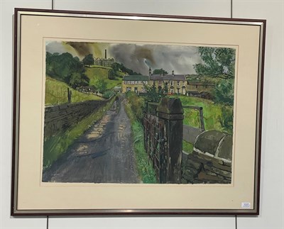 Lot 1037 - Trevor Stubley (1921-2010)  Figures before houses in a West Yorkshire landscape Signed, watercolour