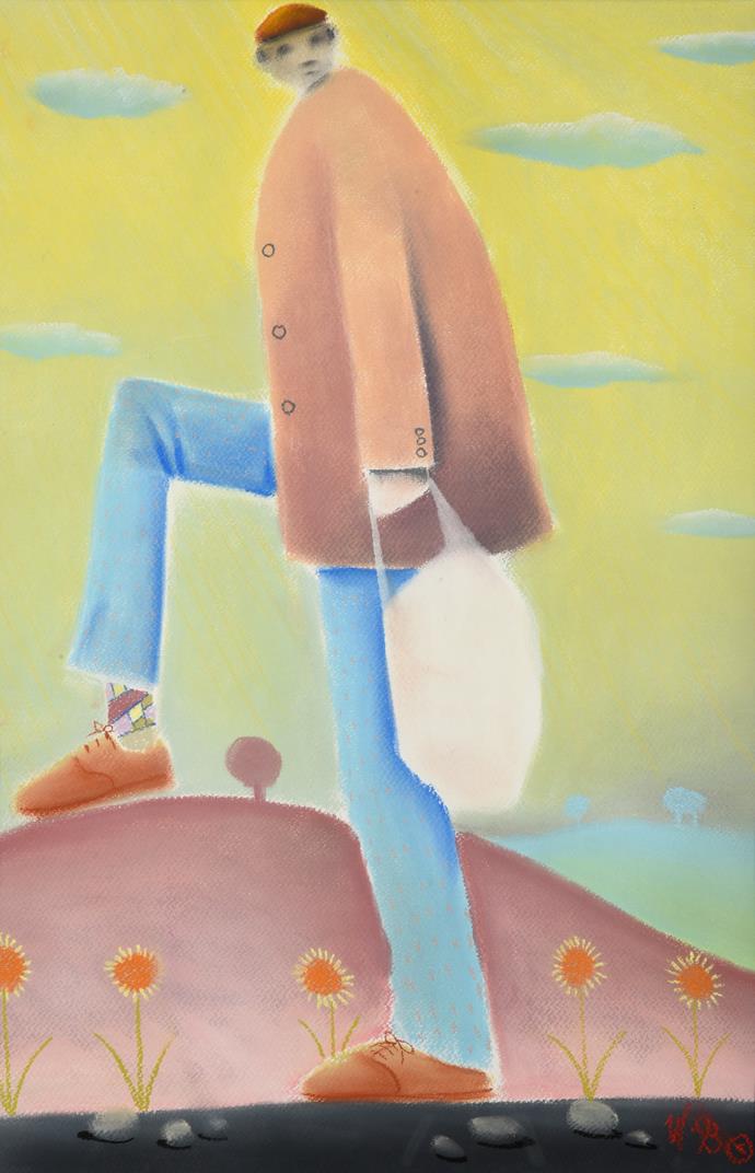 Lot 1044 - Mackenzie Thorpe (b.1956) Man with a shopping bag Initialled, pastel, 62cm by 40cm  Artist's Resale